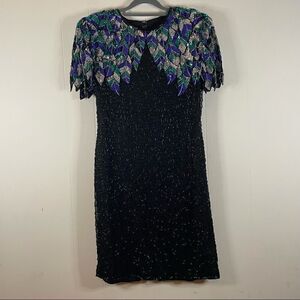 Vintage Scala Black Beaded Sequins Cocktail Dress Open Back